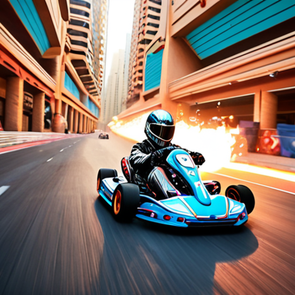 **Prompt:** A vibrant, action-packed scene of a Kart Rider race in a futuristic Arabic cityscape, showcasing a kart drifting skillfully around a sharp corner with nitro boost activated, leaving a trail of light. Focus on the precision and speed, highlighting the balance between control and power.