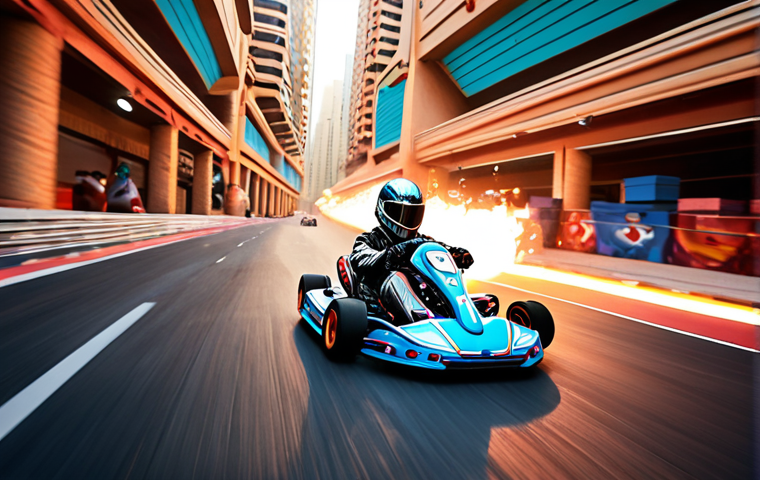 **Prompt:** A vibrant, action-packed scene of a Kart Rider race in a futuristic Arabic cityscape, showcasing a kart drifting skillfully around a sharp corner with nitro boost activated, leaving a trail of light. Focus on the precision and speed, highlighting the balance between control and power.