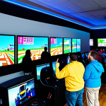 A diverse group of adults in modest, casual attire, excitedly engaged in a vibrant gaming community event. They are gathered around large screens displaying a colorful racing game, with some looking at each other, laughing, and high-fiving. The setting is a modern, brightly lit community center with professional branding and subtle game-related decorations. The atmosphere is joyful and collaborative. Fully clothed, appropriate attire, safe for work, perfect anatomy, correct proportions, natural pose, well-formed hands, proper finger count, natural body proportions, family-friendly, professional photography, high quality.