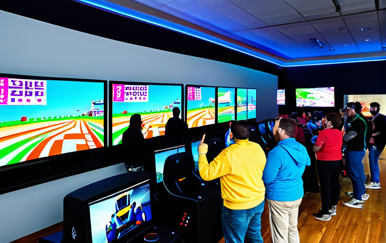 A diverse group of adults in modest, casual attire, excitedly engaged in a vibrant gaming community event. They are gathered around large screens displaying a colorful racing game, with some looking at each other, laughing, and high-fiving. The setting is a modern, brightly lit community center with professional branding and subtle game-related decorations. The atmosphere is joyful and collaborative. Fully clothed, appropriate attire, safe for work, perfect anatomy, correct proportions, natural pose, well-formed hands, proper finger count, natural body proportions, family-friendly, professional photography, high quality.