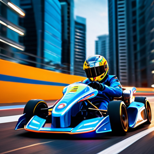 A focused KartRider racer in a vibrant, futuristic racing suit, executing a perfect drift through a glowing neon turn on a high-tech track. The kart is sleek and aerodynamic, kicking up a trail of energy. The background features a blurred futuristic city, emphasizing speed and precision. Dynamic lighting, professional photography, cinematic angle, high detail, volumetric lighting, motion blur for speed, perfect anatomy, correct proportions, natural pose, well-formed hands, proper finger count, natural body proportions. fully clothed, appropriate attire, safe for work, professional, modest.