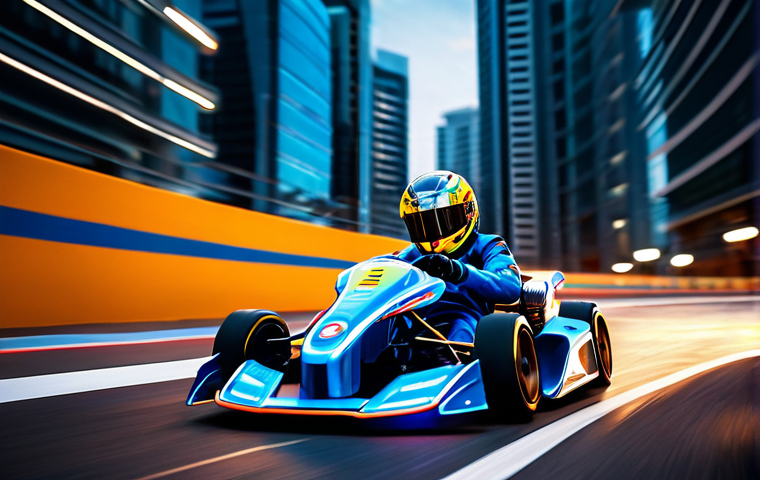 A focused KartRider racer in a vibrant, futuristic racing suit, executing a perfect drift through a glowing neon turn on a high-tech track. The kart is sleek and aerodynamic, kicking up a trail of energy. The background features a blurred futuristic city, emphasizing speed and precision. Dynamic lighting, professional photography, cinematic angle, high detail, volumetric lighting, motion blur for speed, perfect anatomy, correct proportions, natural pose, well-formed hands, proper finger count, natural body proportions. fully clothed, appropriate attire, safe for work, professional, modest.