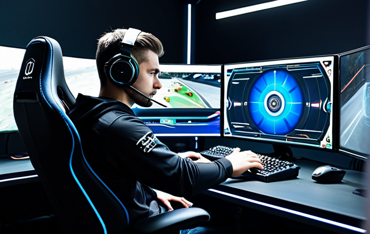 **Prompt for "The Strategic Analyst / King of Drift"**:
    A male professional esports player in a modern, modest gaming jersey, showcasing intense focus while seated at a high-tech gaming station with multiple screens displaying CartRider gameplay. The environment features sleek, futuristic design with subtle ambient lighting. The player's hands are expertly positioned on a racing wheel or keyboard, embodying precision and strategic thought. The image is a professional studio photograph, high-resolution, sharp focus, with perfect anatomy, correct proportions, natural pose, well-formed hands, proper finger count, and natural body proportions, fully clothed, appropriate attire, safe for work, appropriate content, professional, family-friendly.