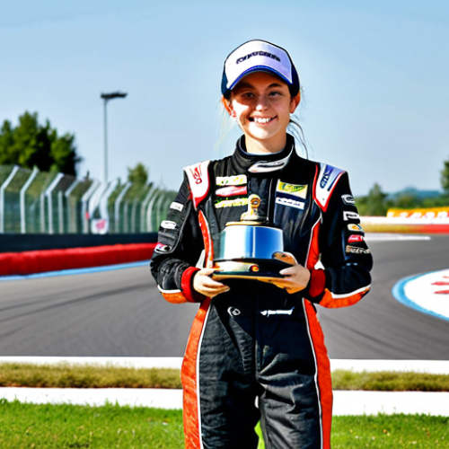 Kart Racing Champion**

"A professional female kart racer, fully clothed in a racing suit with sponsor logos, celebrating a victory on the podium, holding a trophy, safe for work, appropriate content, family-friendly, perfect anatomy, well-formed hands, correct proportions, dynamic pose, daytime outdoor setting, race track background, professional photography, high quality, realistic rendering."

**