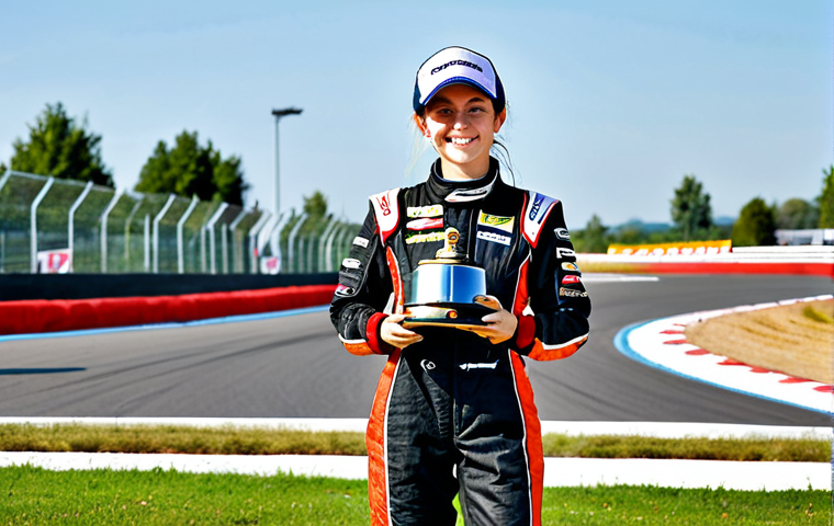 Kart Racing Champion**

"A professional female kart racer, fully clothed in a racing suit with sponsor logos, celebrating a victory on the podium, holding a trophy, safe for work, appropriate content, family-friendly, perfect anatomy, well-formed hands, correct proportions, dynamic pose, daytime outdoor setting, race track background, professional photography, high quality, realistic rendering."

**