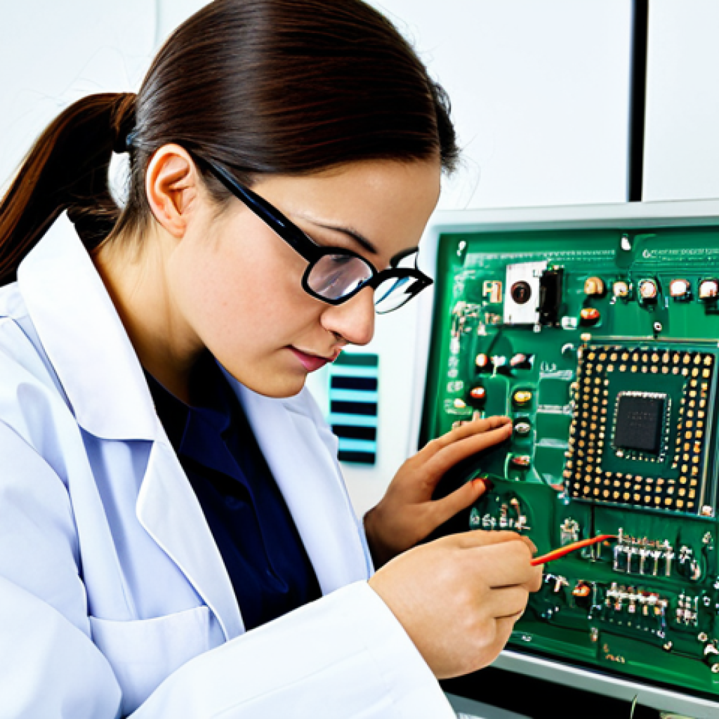 **

A professional female engineer, fully clothed in a modest lab coat and safety glasses, examining a complex circuit board in a brightly lit research laboratory.  Appropriate content, safe for work, perfect anatomy, correct proportions, natural pose, well-formed hands, proper finger count, natural body proportions, professional, high quality.

**
