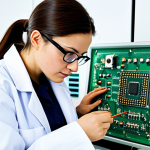 **

A professional female engineer, fully clothed in a modest lab coat and safety glasses, examining a complex circuit board in a brightly lit research laboratory.  Appropriate content, safe for work, perfect anatomy, correct proportions, natural pose, well-formed hands, proper finger count, natural body proportions, professional, high quality.

**