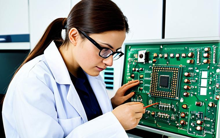 **

A professional female engineer, fully clothed in a modest lab coat and safety glasses, examining a complex circuit board in a brightly lit research laboratory.  Appropriate content, safe for work, perfect anatomy, correct proportions, natural pose, well-formed hands, proper finger count, natural body proportions, professional, high quality.

**