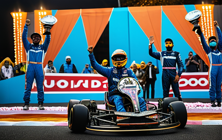 카트라이더 유저 피드백 반영 사례 - **Prompt:** A diverse group of four kart racers, two male and two female, standing in a brightly lit...