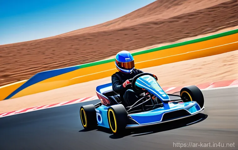 카트라이더 트랙 분석과 노하우 - A highly skilled male racer in a futuristic, sleek kart, mid-drift through a sharp, critical turn on...