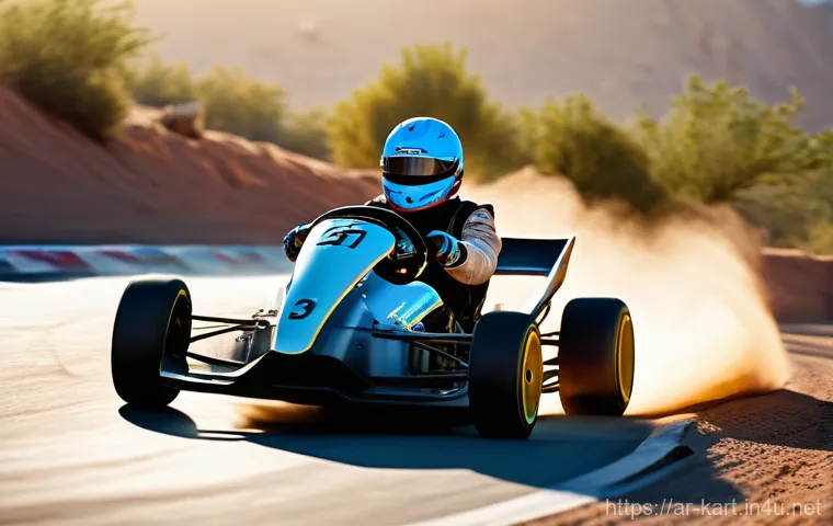 카트라이더 트랙별 플레이 전략 - A dynamic, high-angle shot captures a sleek, futuristic racing kart executing a flawless power drift...