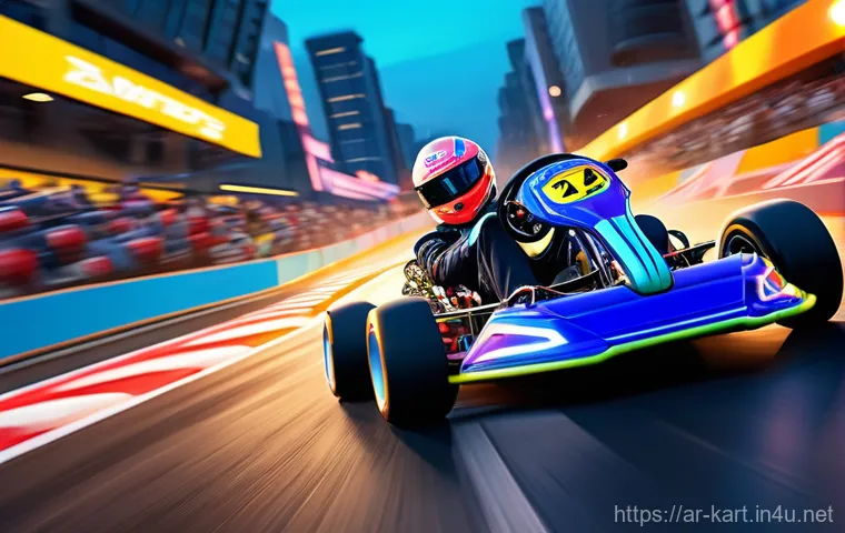 카트라이더 트랙별 플레이 전략 - A dynamic, high-angle shot captures a sleek, futuristic racing kart executing a flawless power drift...