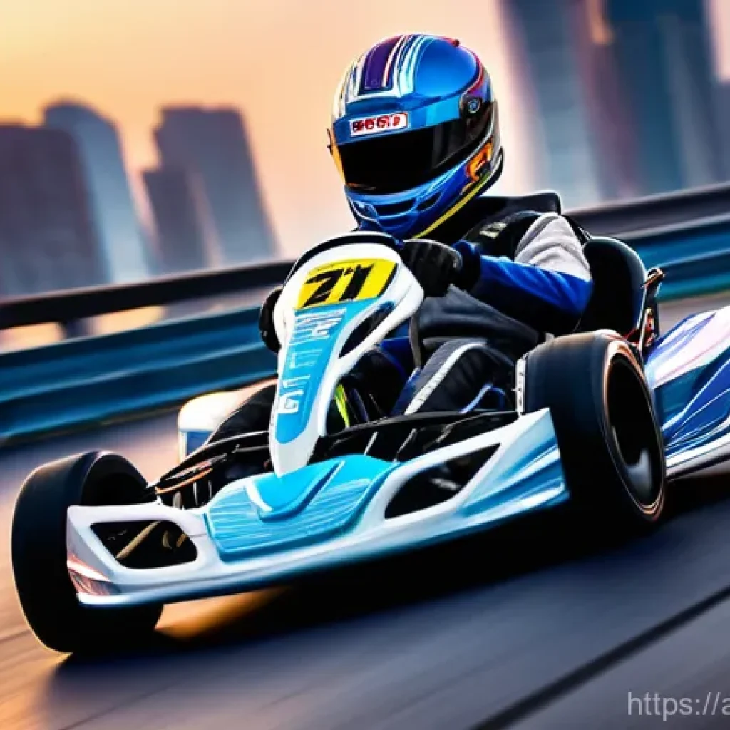 카트라이더 트랙 공략 동영상 - A young male kart racer in his late teens, wearing a sleek, modern racing suit (fully clothed, no ex...