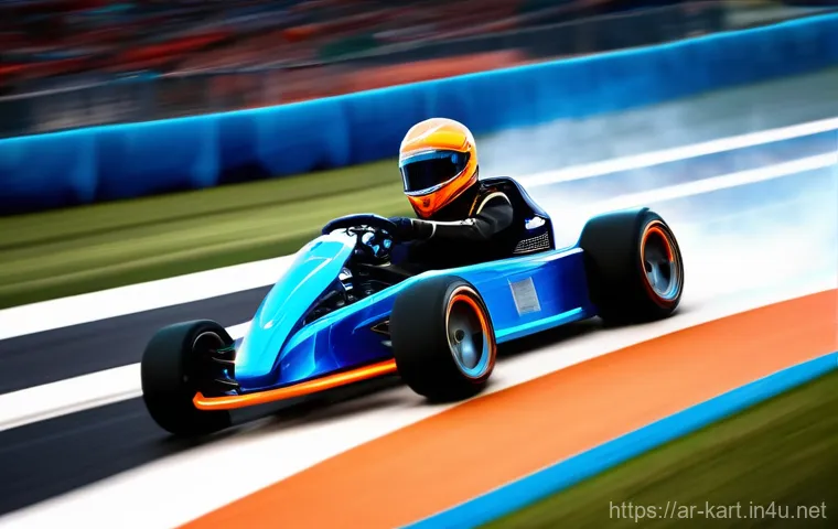카트라이더 초보 유저의 게임 스타트 전략 - **Prompt:** "A highly dynamic, eye-level shot of a sleek, custom racing kart, possibly in vibrant sh...