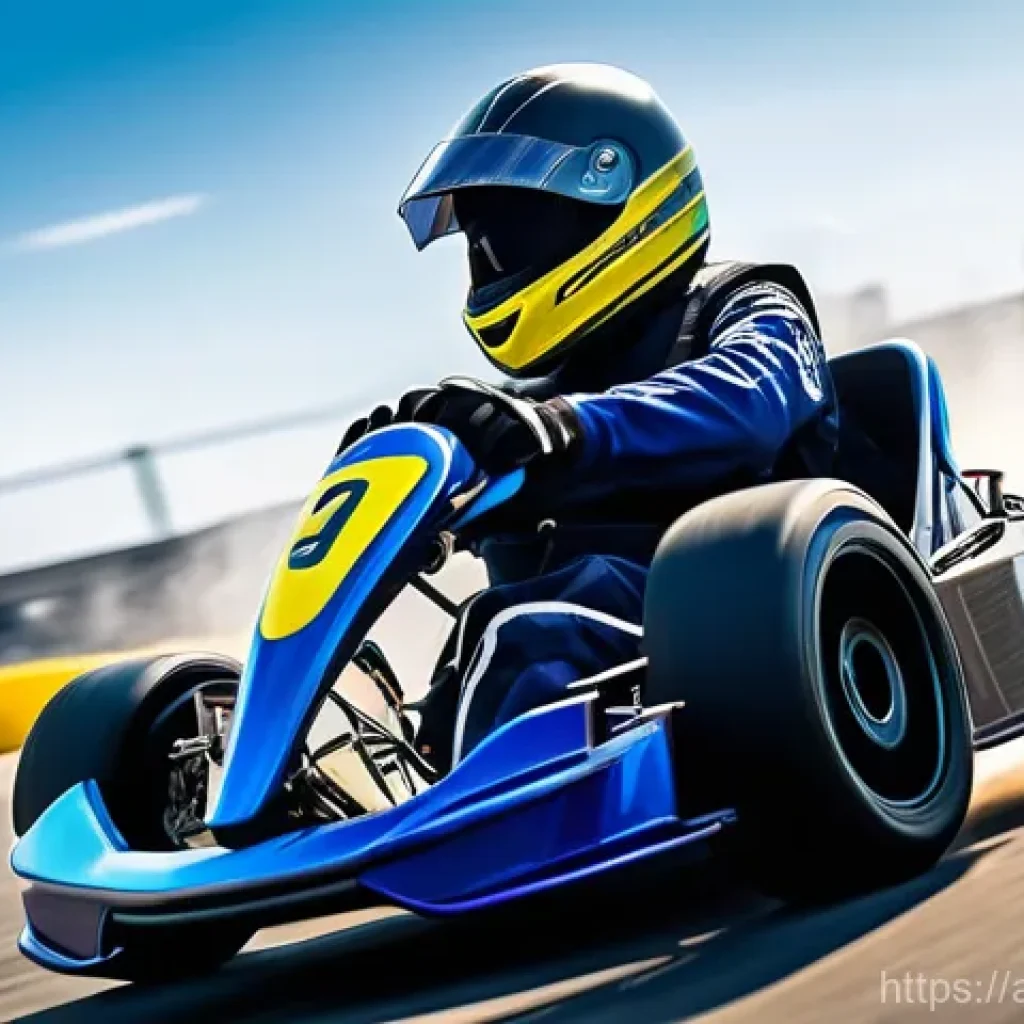카트라이더 초보 유저의 성공 전략 - A dynamic, high-angle shot of a vibrant, KartRider-style kart expertly executing a perfect drift aro...