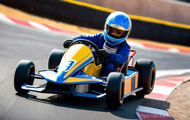 카트라이더 초보 유저의 성공 전략 - A dynamic, high-angle shot of a vibrant, KartRider-style kart expertly executing a perfect drift aro...