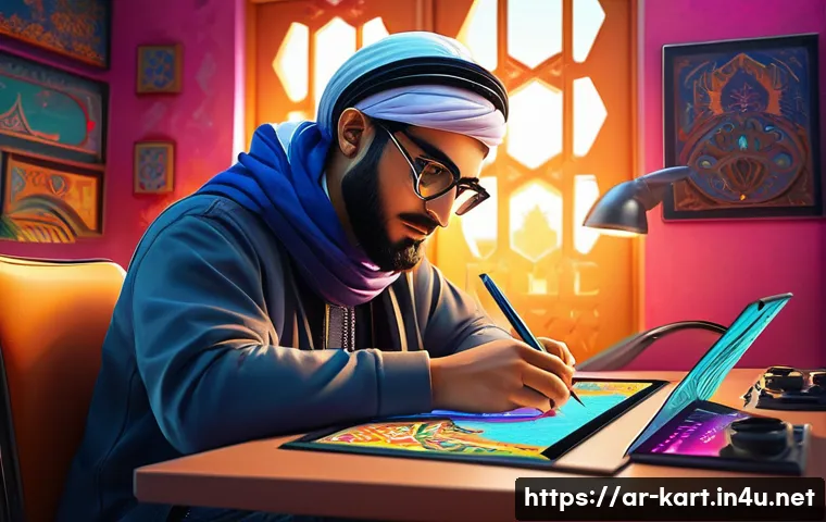 카트라이더 팬아트와 신규 유저의 성공 사례 - A vibrant digital art scene depicting a young Arab gamer artistically expressing their passion for K...