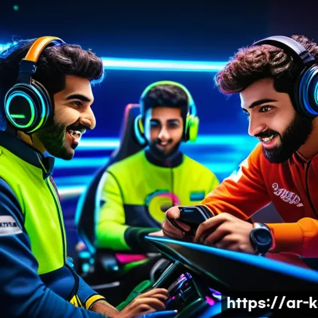 카트라이더 팀워크와 협력 강화 - A dynamic team of diverse Arabic gamers communicating intensely via voice chat during a high-speed k...