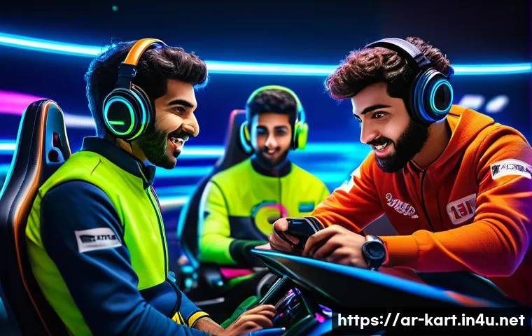 카트라이더 팀워크와 협력 강화 - A dynamic team of diverse Arabic gamers communicating intensely via voice chat during a high-speed k...