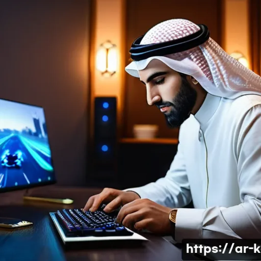 카트라이더 신규 유저 게임 조정 - A dynamic scene of an Arabic young adult male gamer adjusting racing game settings on a high-tech PC...