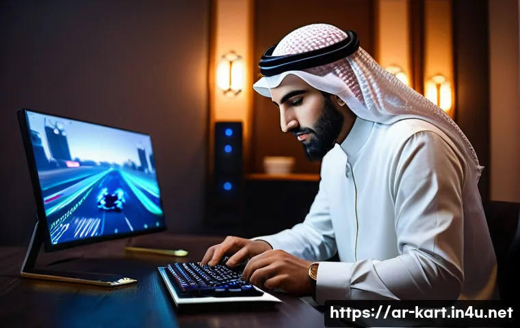 카트라이더 신규 유저 게임 조정 - A dynamic scene of an Arabic young adult male gamer adjusting racing game settings on a high-tech PC...