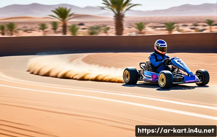 카트라이더 초보 유저를 위한 트랙 공략 모음 - A dynamic KartRider racing scene on a long, straight desert track under a bright, clear sky typical ...