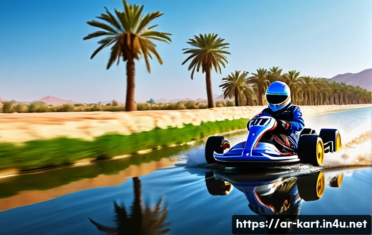 카트라이더 신규 트랙과 팬아트 이벤트 - A vibrant and dynamic race scene set on the “Fast River Track” featuring narrow sharp curves and shi...