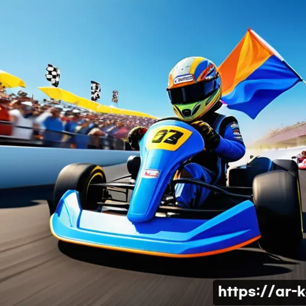 카트라이더 신규 캐릭터 분석 - A dynamic racing scene featuring the new KartRider character in vibrant, detailed racing gear, weari...