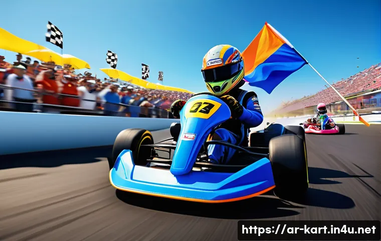 카트라이더 신규 캐릭터 분석 - A dynamic racing scene featuring the new KartRider character in vibrant, detailed racing gear, weari...