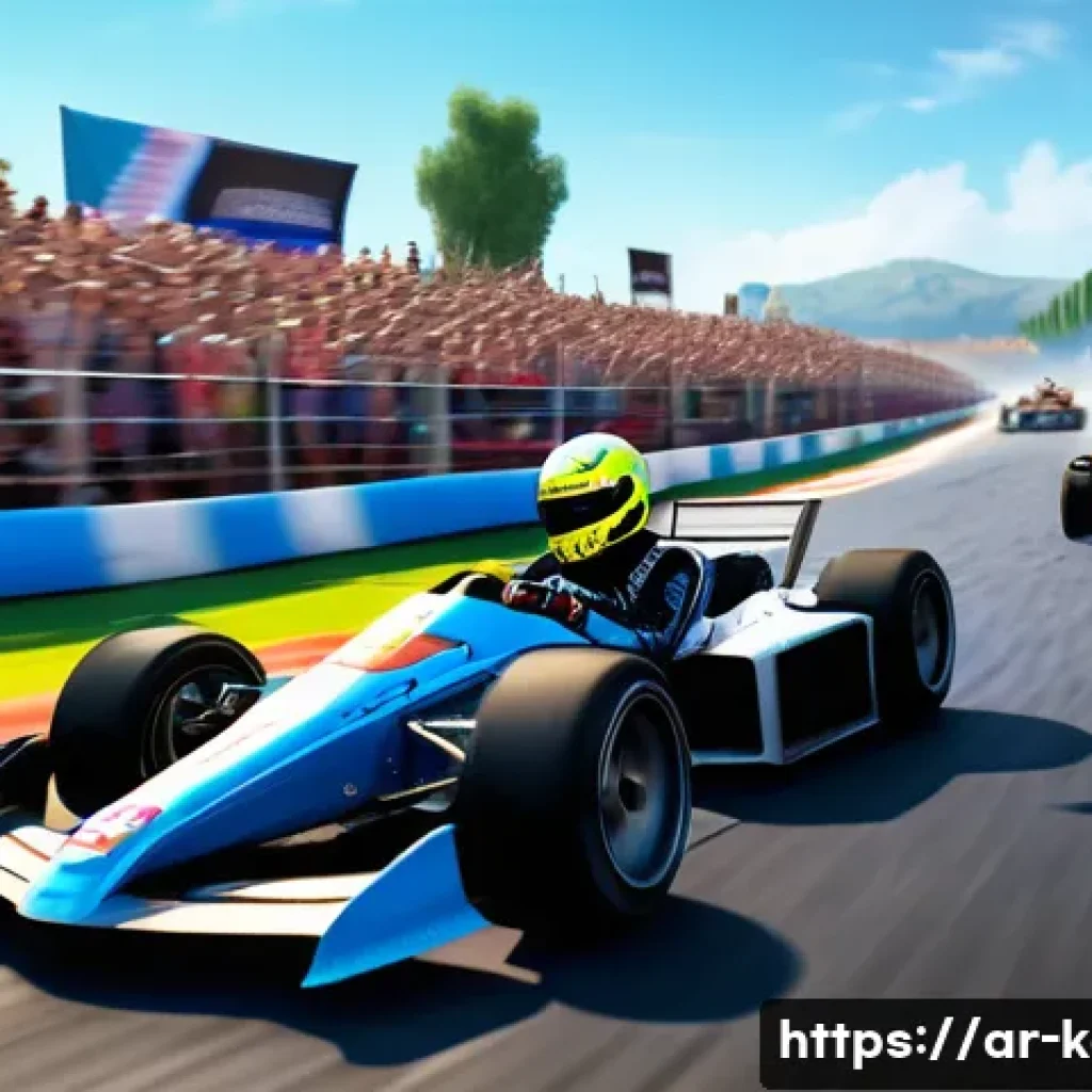 카트라이더 초보 유저의 트랙 활용 비법 - A dynamic and detailed scene of a KartRider racing game track featuring a sleek kart car approaching...