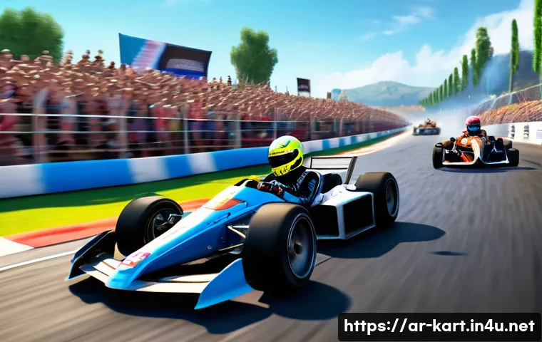 카트라이더 초보 유저의 트랙 활용 비법 - A dynamic and detailed scene of a KartRider racing game track featuring a sleek kart car approaching...