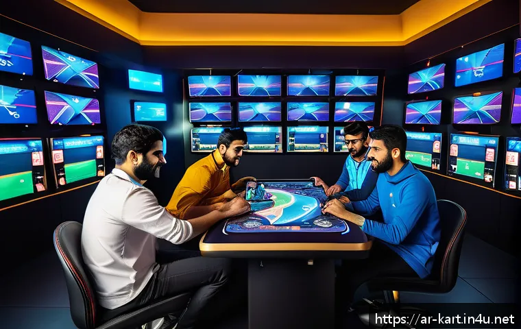 카트라이더 팀플 전략 가이드 - A dynamic team of diverse Arab KartRider players strategizing before a race, set in a vibrant, moder...