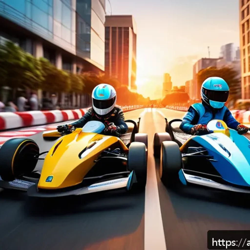 카트라이더 신규 모드 정보 - A dynamic KartRider race scene set in a vibrant urban environment featuring diverse new track design...