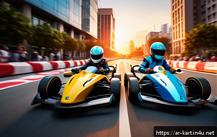 카트라이더 신규 모드 정보 - A dynamic KartRider race scene set in a vibrant urban environment featuring diverse new track design...