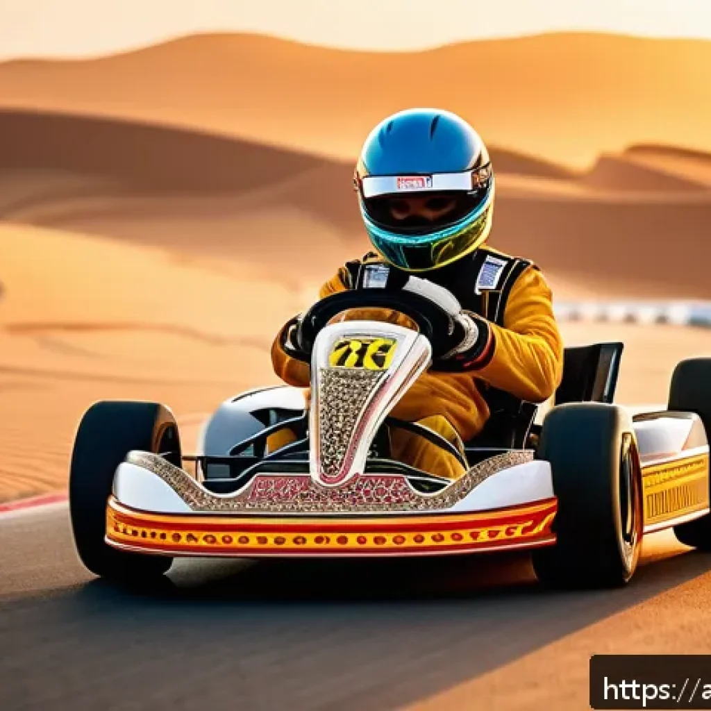 카트라이더 드리프트 초보자 가이드 - A dynamic scene of an Arabic kart racing track during sunset, featuring a sleek racing kart with vib...
