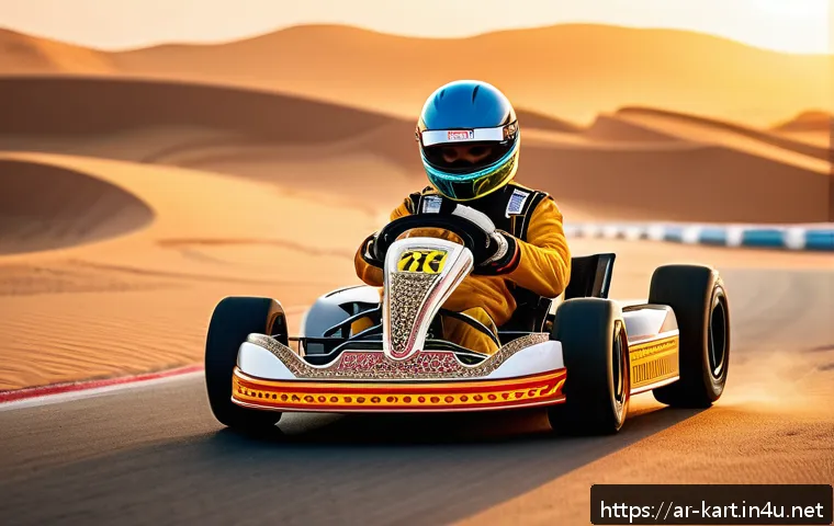 카트라이더 드리프트 초보자 가이드 - A dynamic scene of an Arabic kart racing track during sunset, featuring a sleek racing kart with vib...