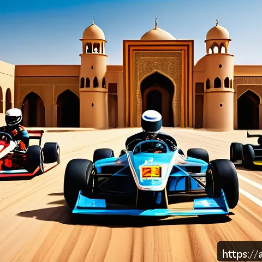 카트라이더 초보 유저의 게임 공략 요령 - A detailed illustration of a KartRider race track set in a vibrant desert environment under a bright...