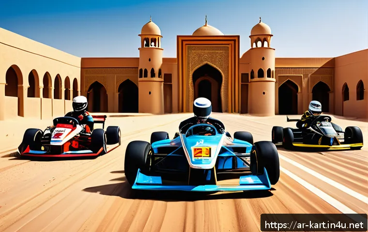 카트라이더 초보 유저의 게임 공략 요령 - A detailed illustration of a KartRider race track set in a vibrant desert environment under a bright...