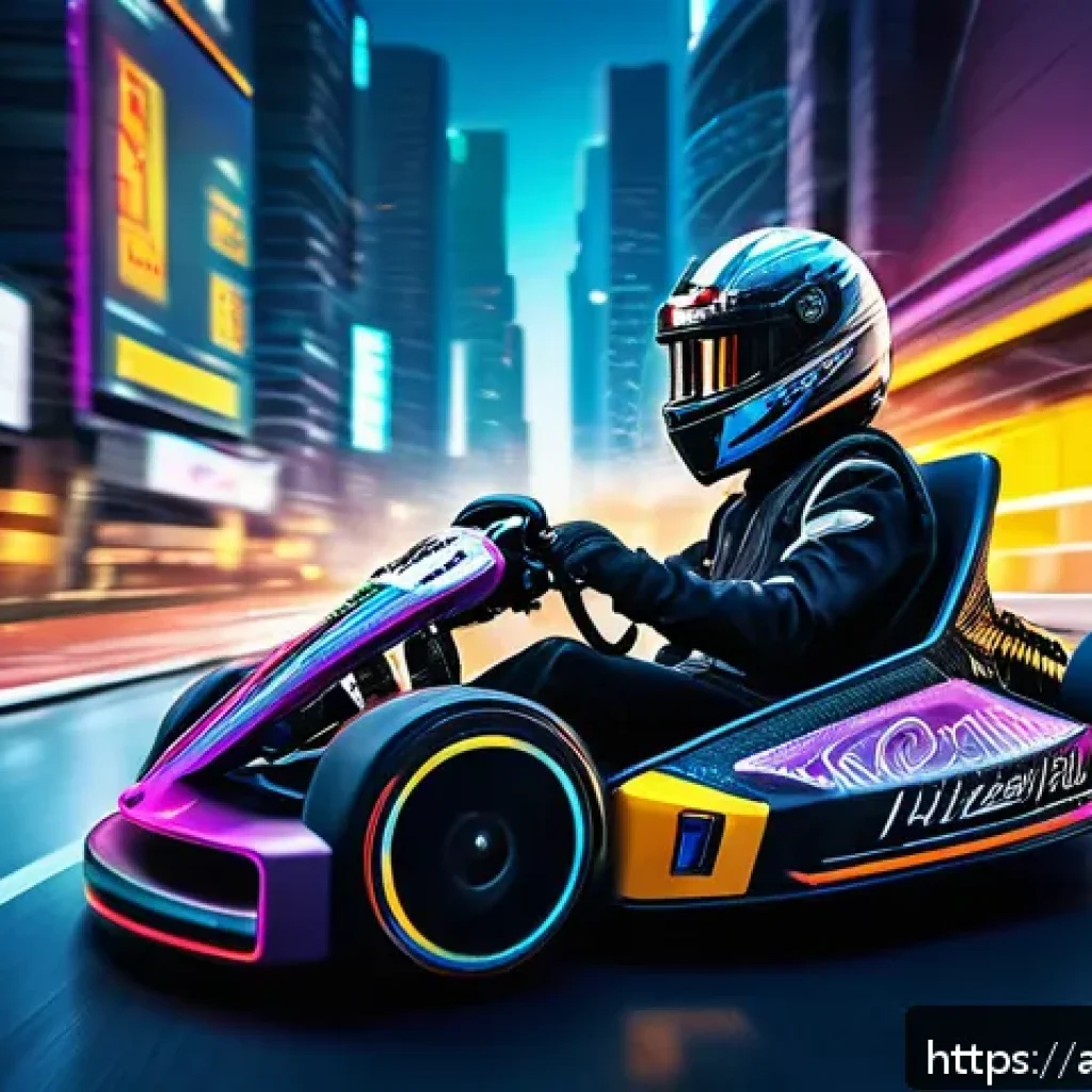 카트라이더 초보자용 영상 콘텐츠 - A dynamic racing scene set in the futuristic Neo City track from KartRider, featuring a sleek Bazzi ...