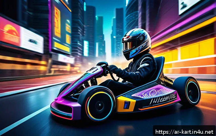 카트라이더 초보자용 영상 콘텐츠 - A dynamic racing scene set in the futuristic Neo City track from KartRider, featuring a sleek Bazzi ...