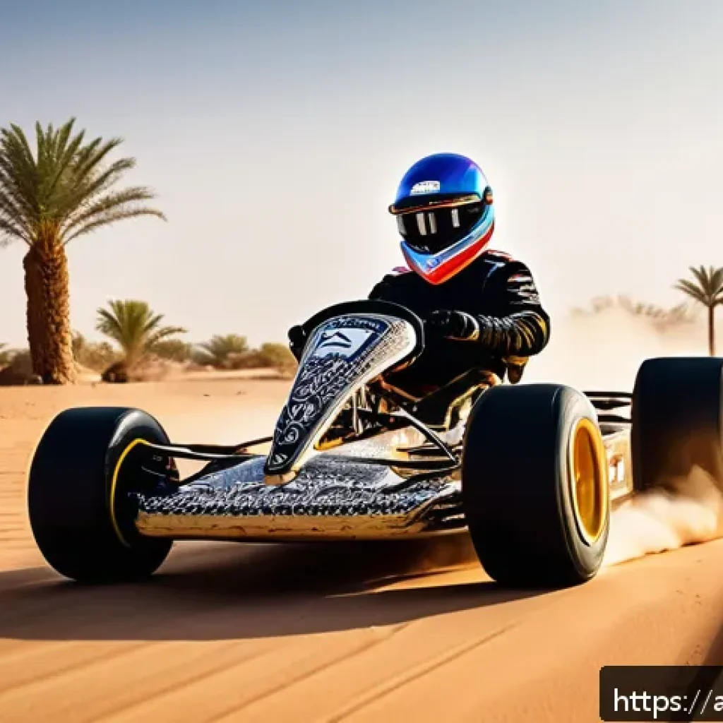 카트라이더 스피드전 차별화 전략 - A dynamic racing scene featuring an Arabic-inspired KartRider Speed vehicle on a desert-themed track...