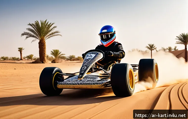 카트라이더 스피드전 차별화 전략 - A dynamic racing scene featuring an Arabic-inspired KartRider Speed vehicle on a desert-themed track...