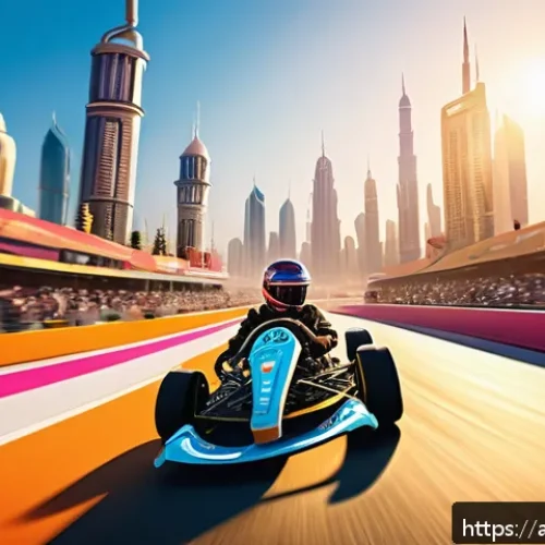 Home 32 카트라이더 신규 업데이트와 유저 의견 - A dynamic racing scene in a futuristic Middle Eastern cityscape at sunset, featuring sleek new Kart ...