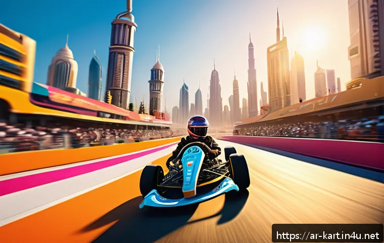 카트라이더 신규 업데이트와 유저 의견 - A dynamic racing scene in a futuristic Middle Eastern cityscape at sunset, featuring sleek new Kart ...
