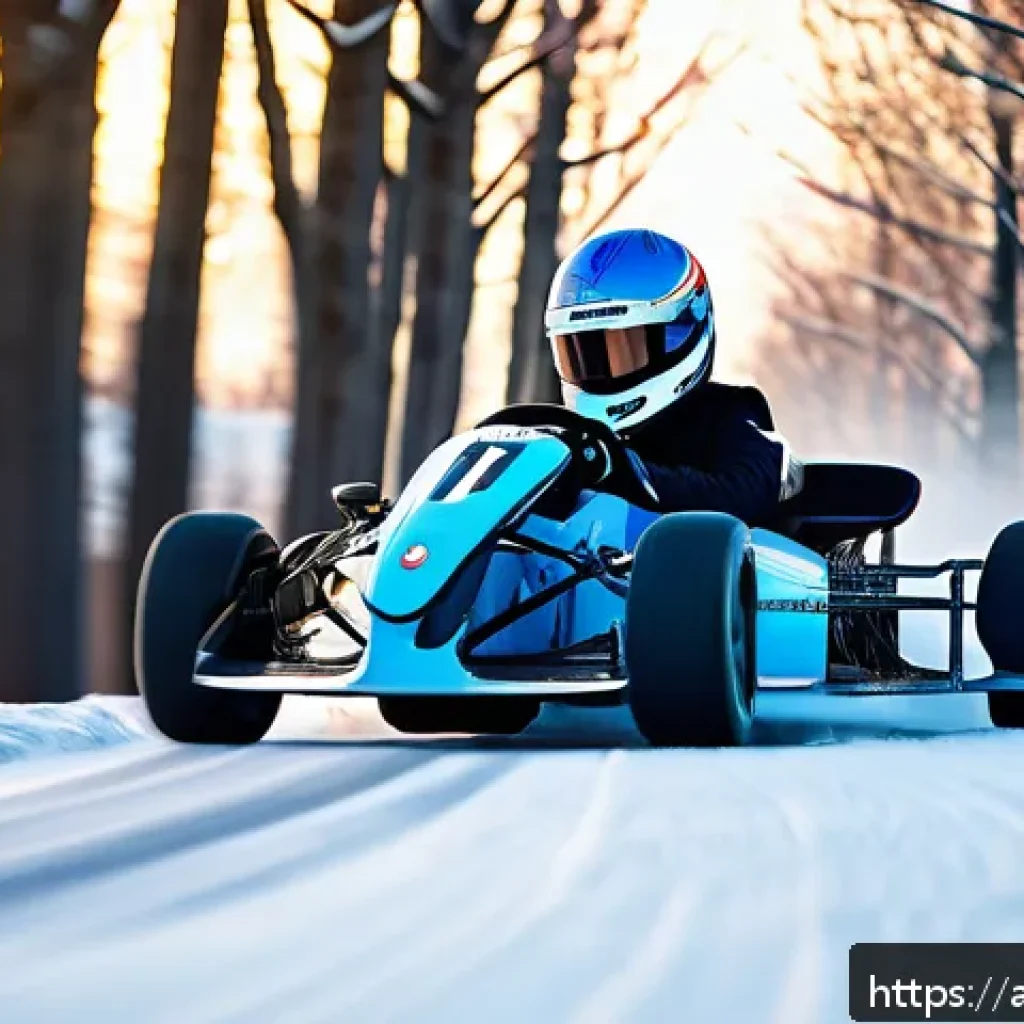 카트라이더 리그 프로모션 - A dynamic racing scene featuring a high-speed kart racer on a snowy track, wearing a sleek racing su...