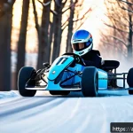 Home 19 카트라이더 리그 프로모션 - A dynamic racing scene featuring a high-speed kart racer on a snowy track, wearing a sleek racing su...