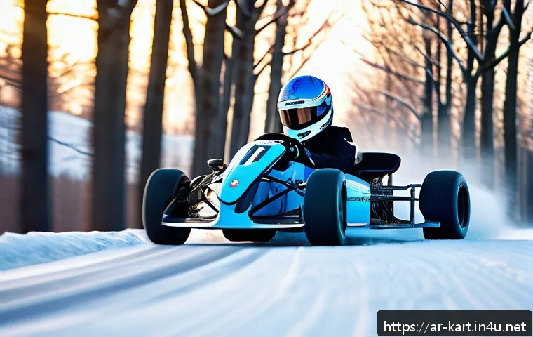 카트라이더 리그 프로모션 - A dynamic racing scene featuring a high-speed kart racer on a snowy track, wearing a sleek racing su...