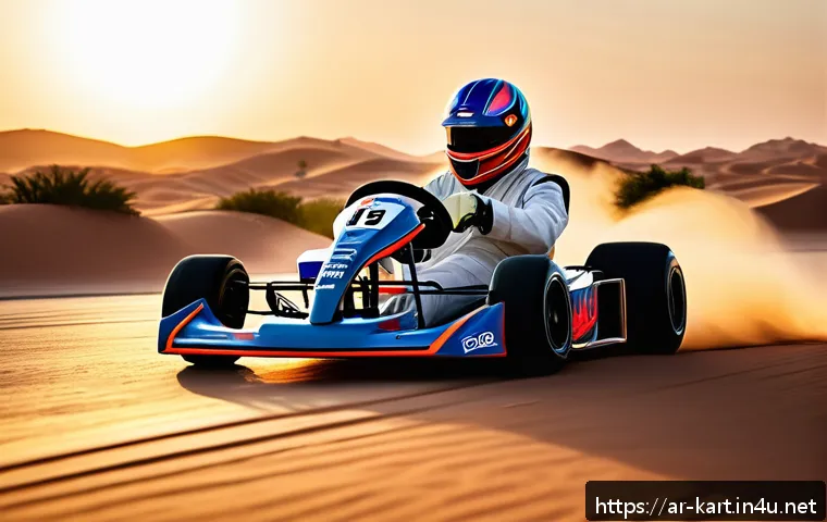 카트라이더 초보 유저를 위한 드리프트 비결 - A dynamic scene of an Arabic KartRider player skillfully executing a manual drift around a sharp des...