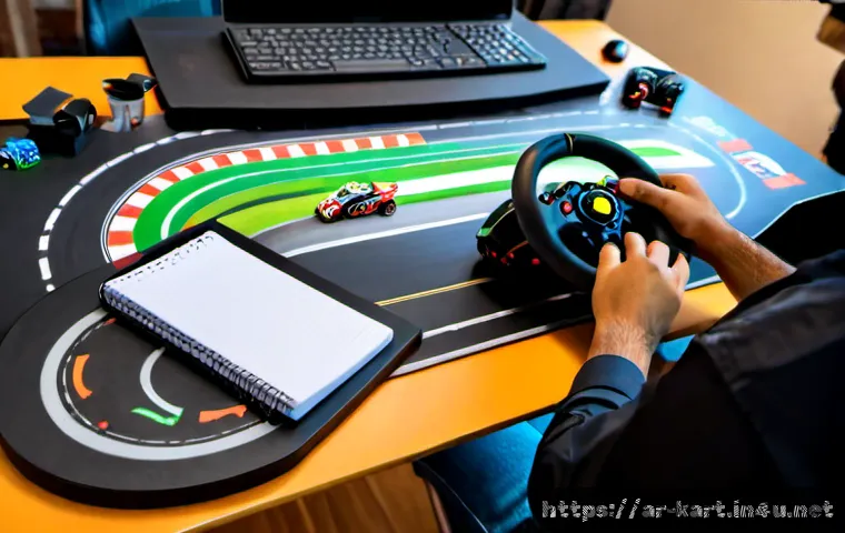 카트라이더 스피드전 전략 노트 - Photorealistic tabletop scene of an Arab esports racing enthusiast studying a kart racing strategy n...