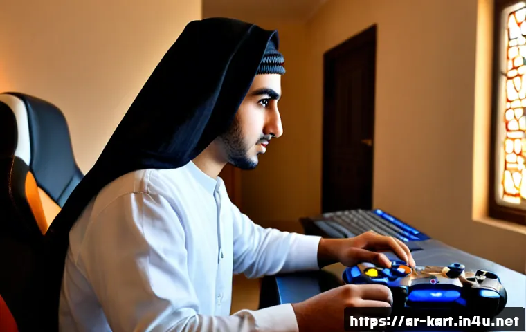 카트라이더 전설급 아이템 공략 - Photorealistic Arab young adult gamer at a sleek home gaming desk, studying a colorful kart racing g...